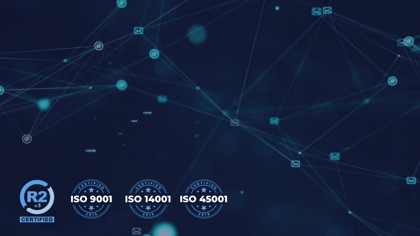 Network diagram with ISO certification logos on a dark blue background